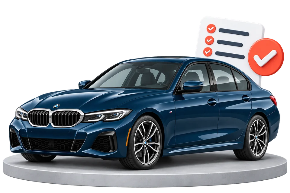 BMW blu su una pedana accanto a una checklist